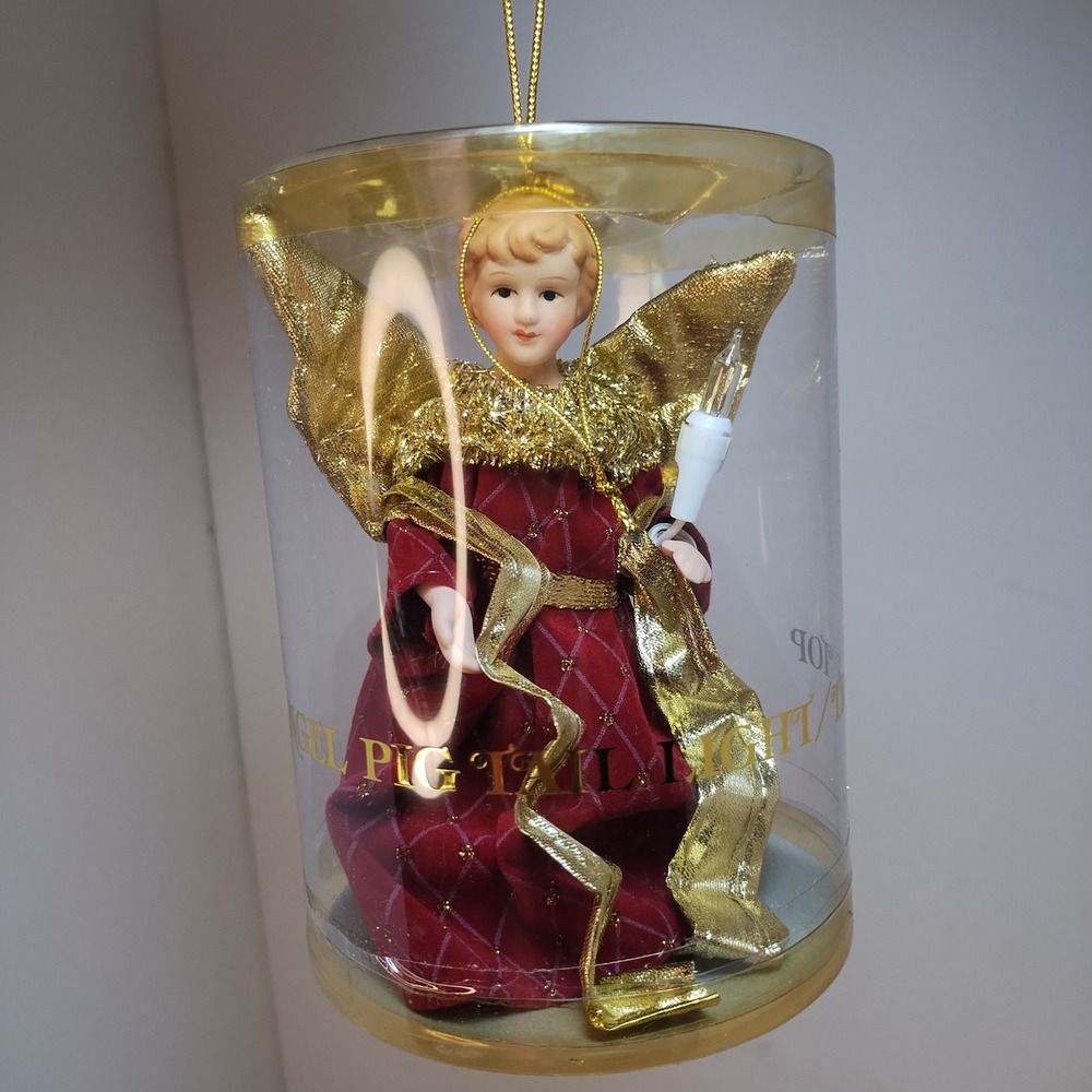 Porcelain 5" Angel Figurine Christmas Tree Topper Pigtail‎ Light Red Gold Wings